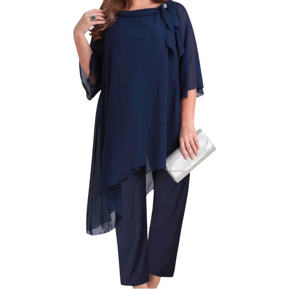 Women's Formal Chiffon Asymmetric Hem Two Piece Pant Suit in Navy, Size 5XL